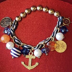 Vintage Viola Charm Bracelet Sea Beach Nautical Blue White Orange Gold Colors